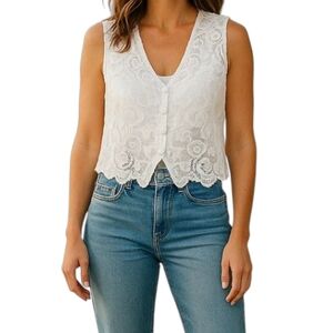 Vintage Women's Lace Crochet Like Sleeveless Buttondown Vest - White